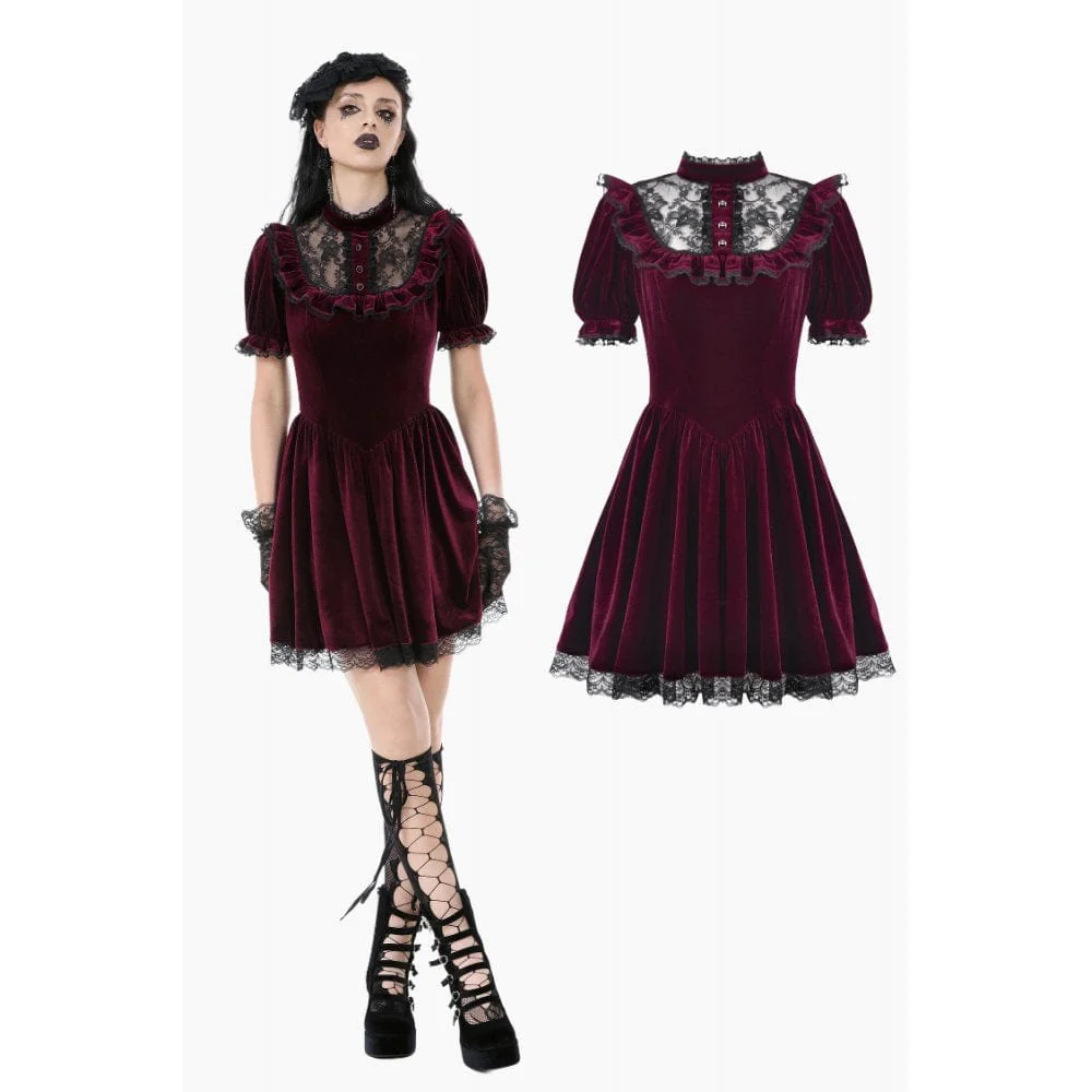 Women's Gothic Lolita Puff Sleeved Lace Velvet Dress Graduation Dress