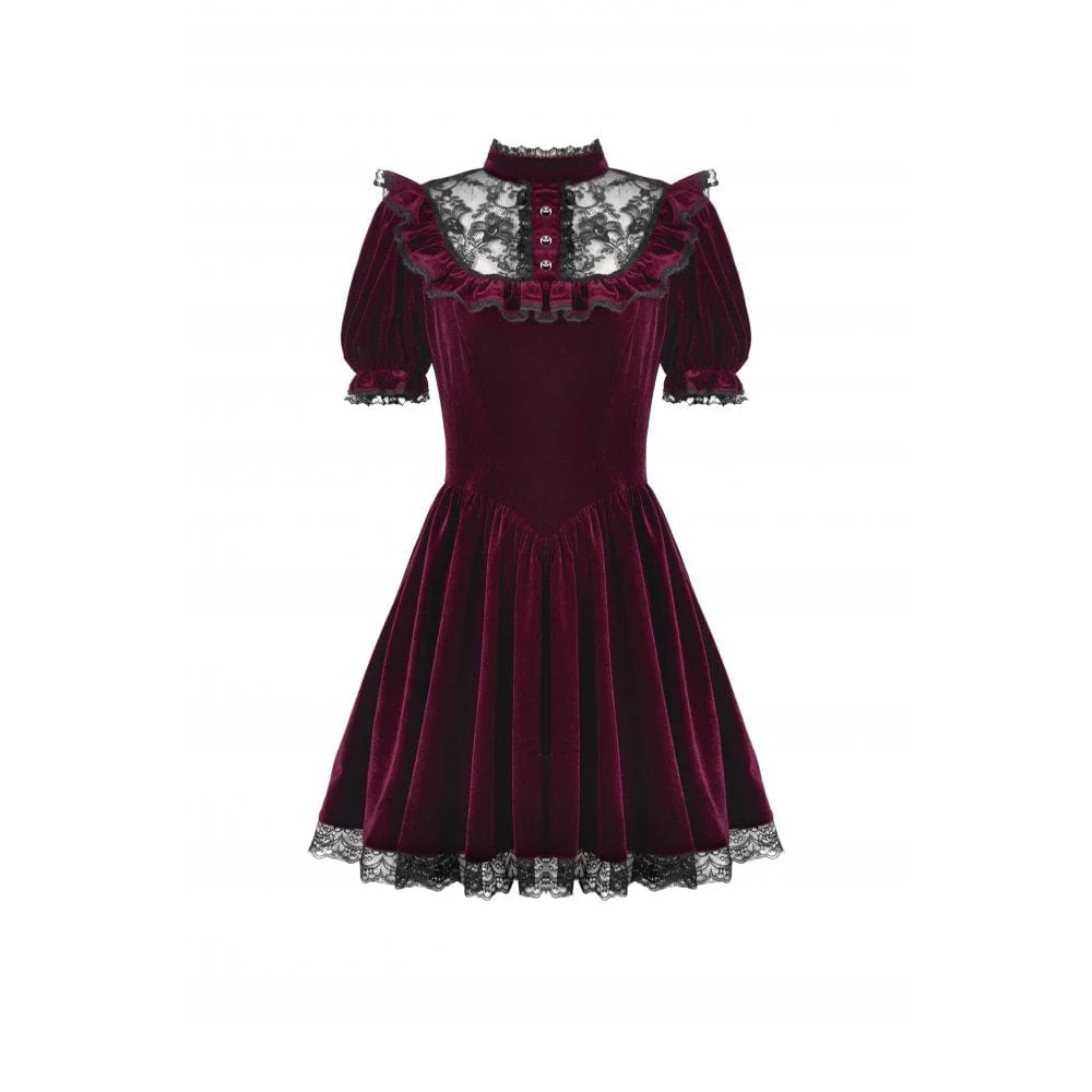 Women's Gothic Lolita Puff Sleeved Lace Velvet Dress Graduation Dress - Image 12
