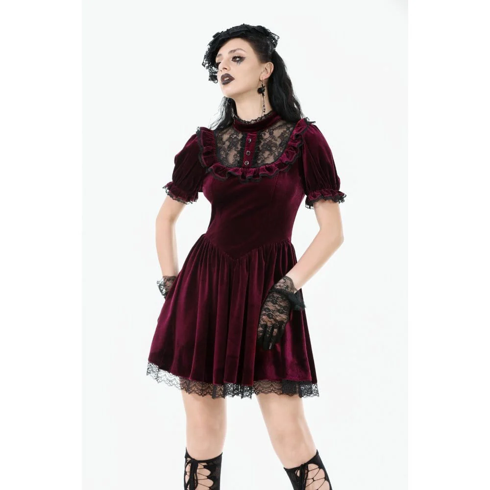 Women's Gothic Lolita Puff Sleeved Lace Velvet Dress Graduation Dress - Image 2