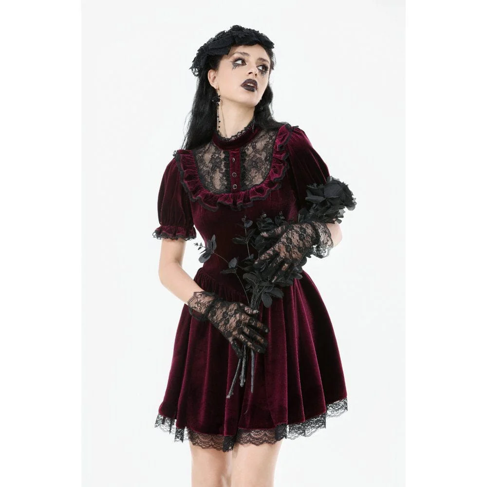 Women's Gothic Lolita Puff Sleeved Lace Velvet Dress Graduation Dress - Image 3