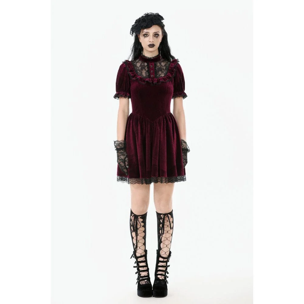 Women's Gothic Lolita Puff Sleeved Lace Velvet Dress Graduation Dress - Image 4