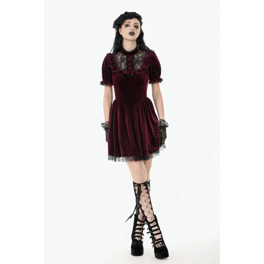 Women's Gothic Lolita Puff Sleeved Lace Velvet Dress Graduation Dress - Image 5