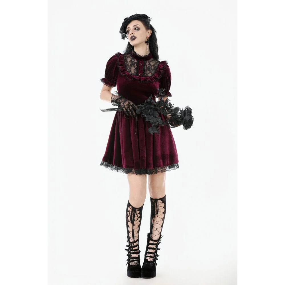 Women's Gothic Lolita Puff Sleeved Lace Velvet Dress Graduation Dress - Image 6