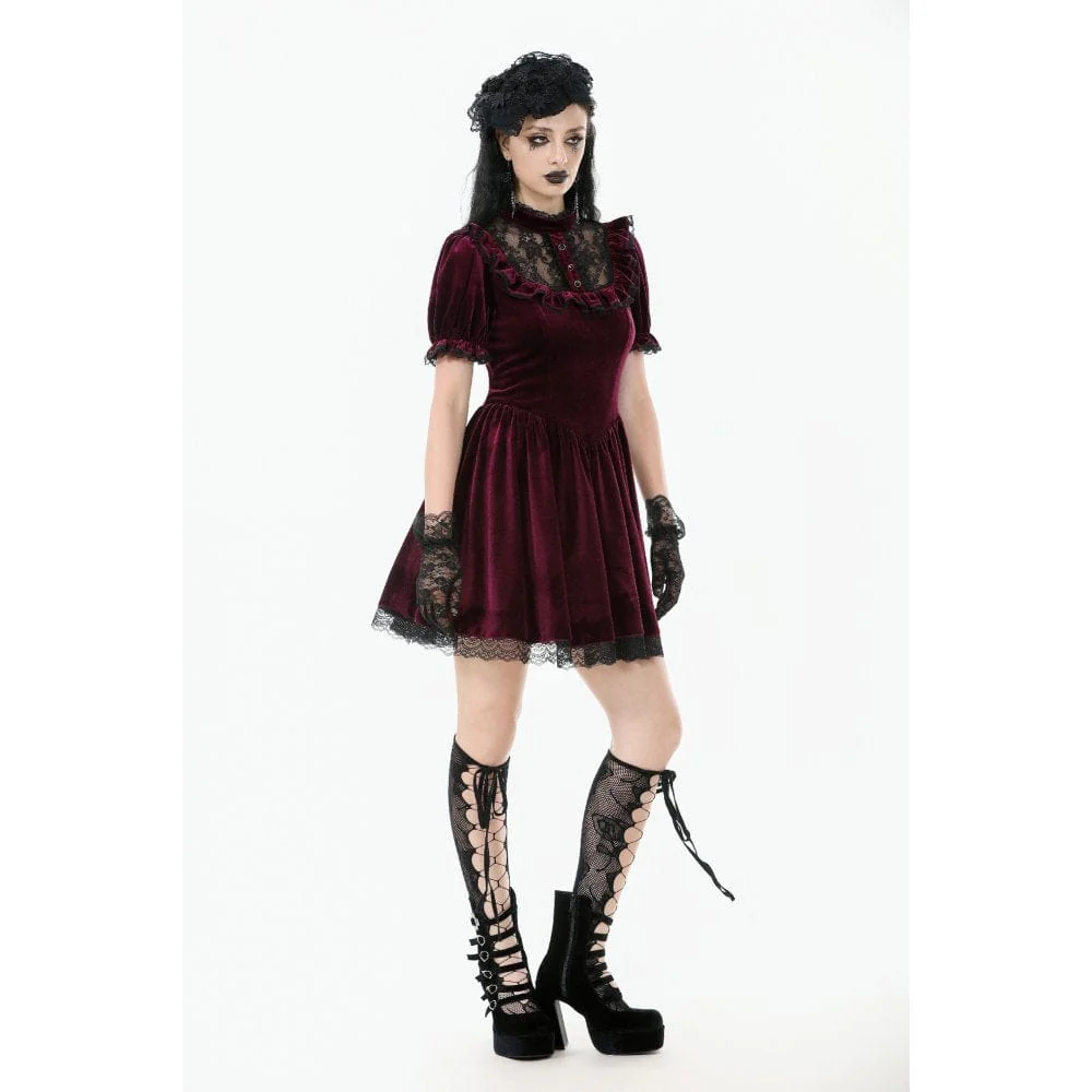 Women's Gothic Lolita Puff Sleeved Lace Velvet Dress Graduation Dress - Image 7