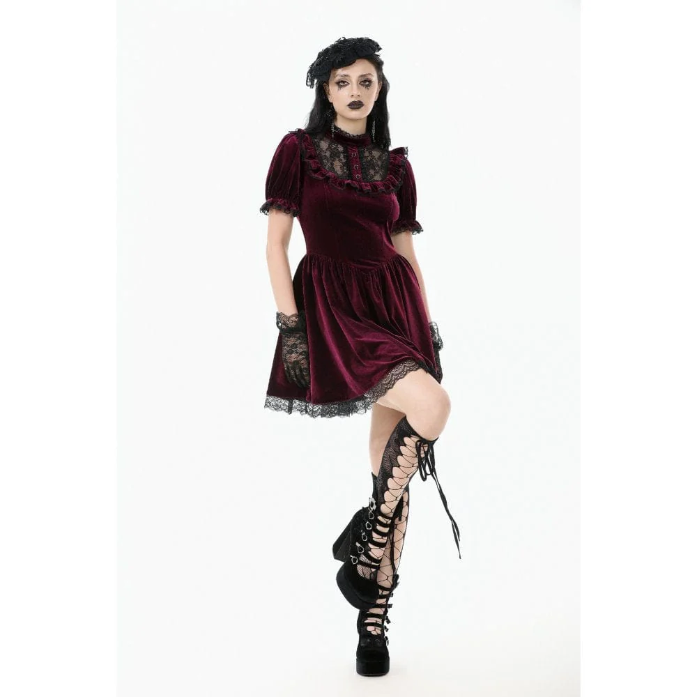 Women's Gothic Lolita Puff Sleeved Lace Velvet Dress Graduation Dress - Image 8