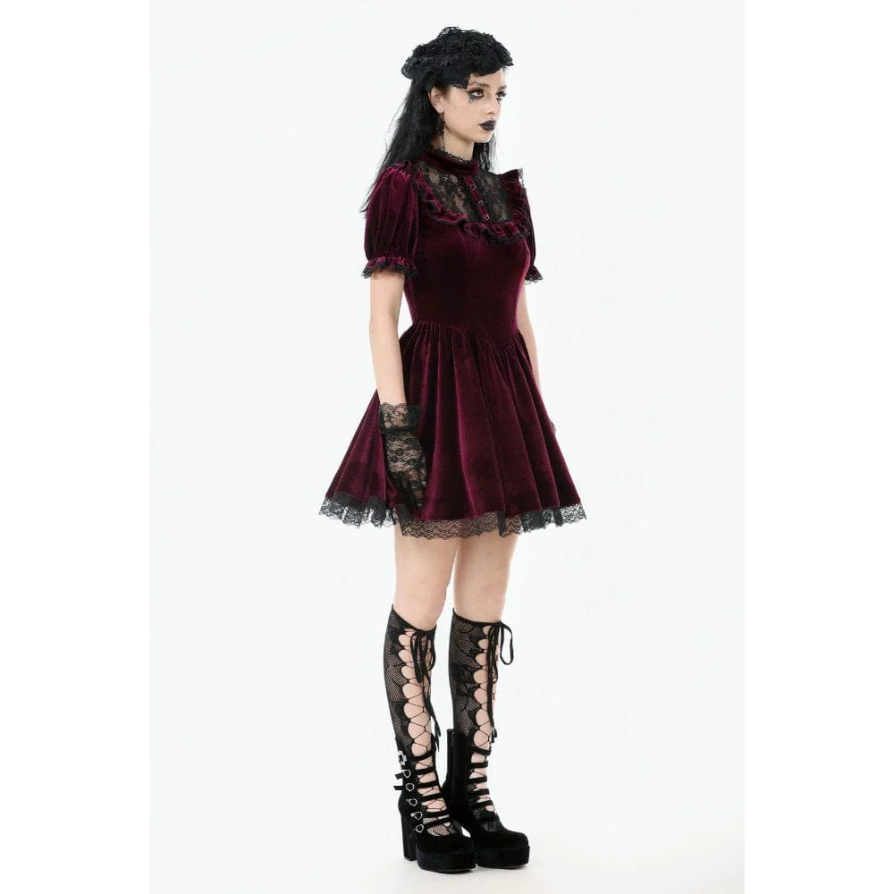 Women's Gothic Lolita Puff Sleeved Lace Velvet Dress Graduation Dress - Image 9