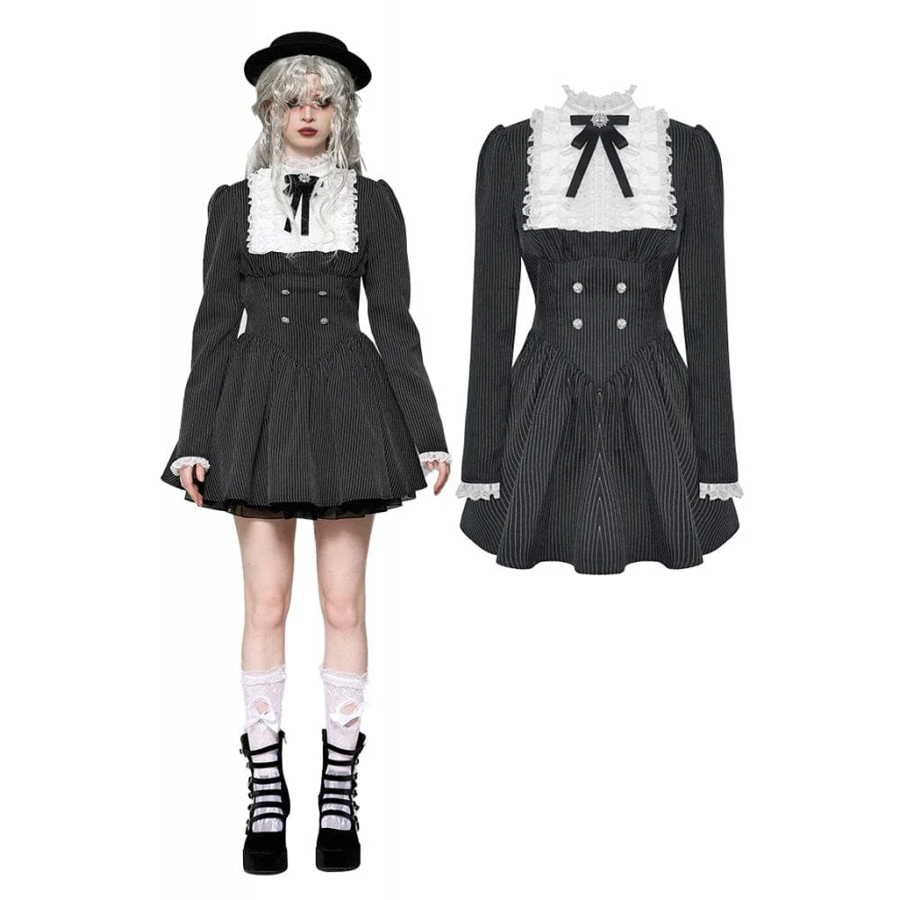 Women's Gothic Lolita Ruffled Lace Short Dress Graduation Dress Black White