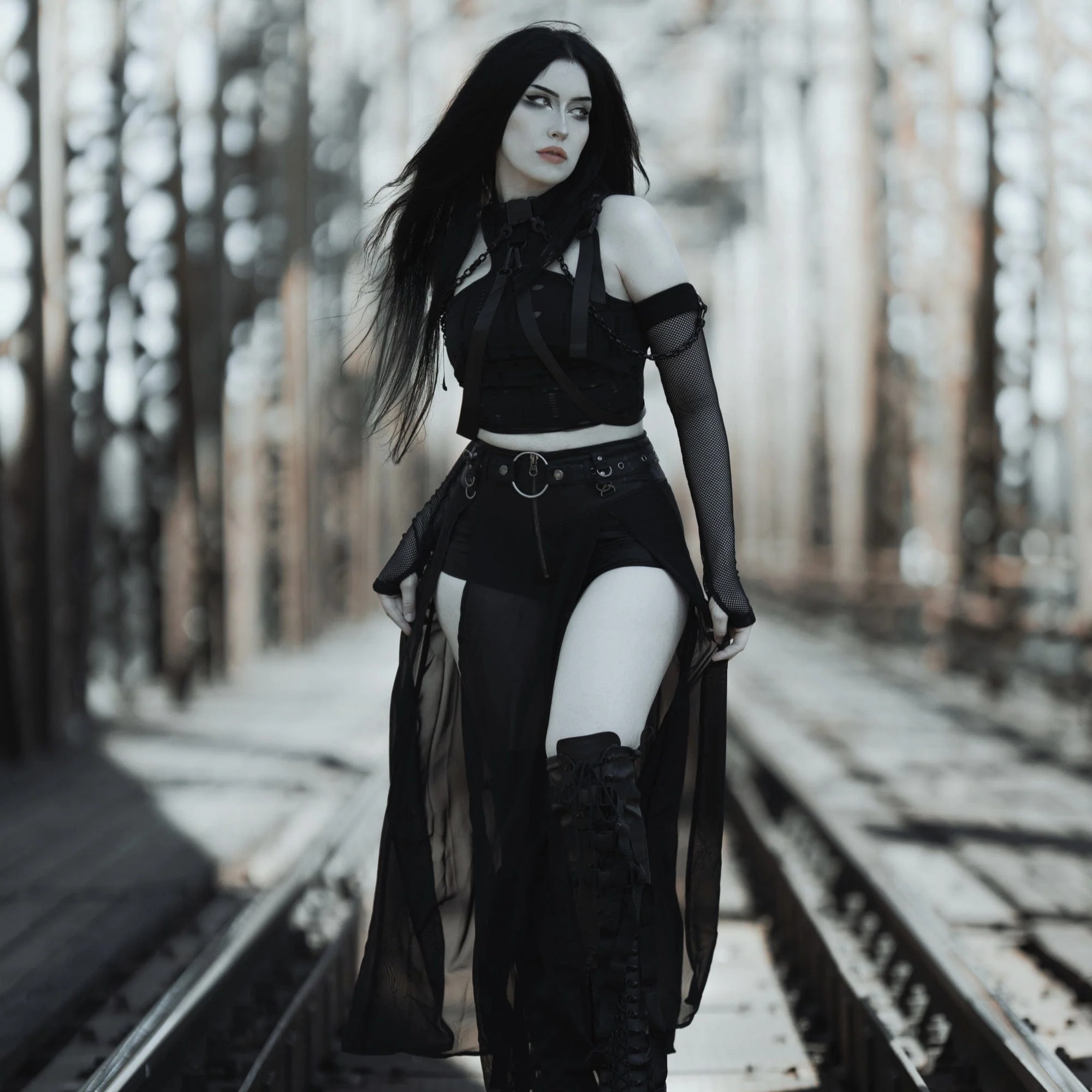 Women's Gothic Mesh Arm Sleeves with Detachable Choker - Image 6