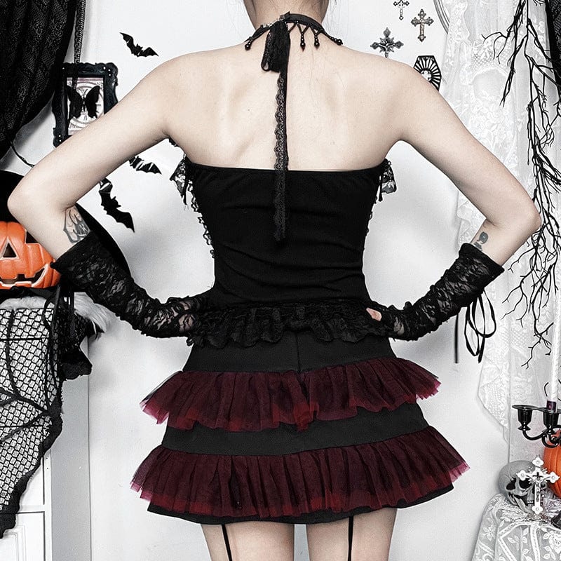 Women's Gothic Mesh Buckle-up Short Skirt Black Red - Image 4