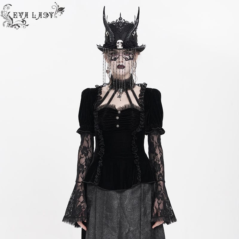 Women's Gothic Mesh Puff Long Sleeved Velvet Shirt Black