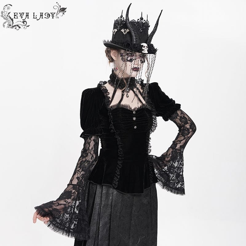 Women's Gothic Mesh Puff Long Sleeved Velvet Shirt Black - Image 3