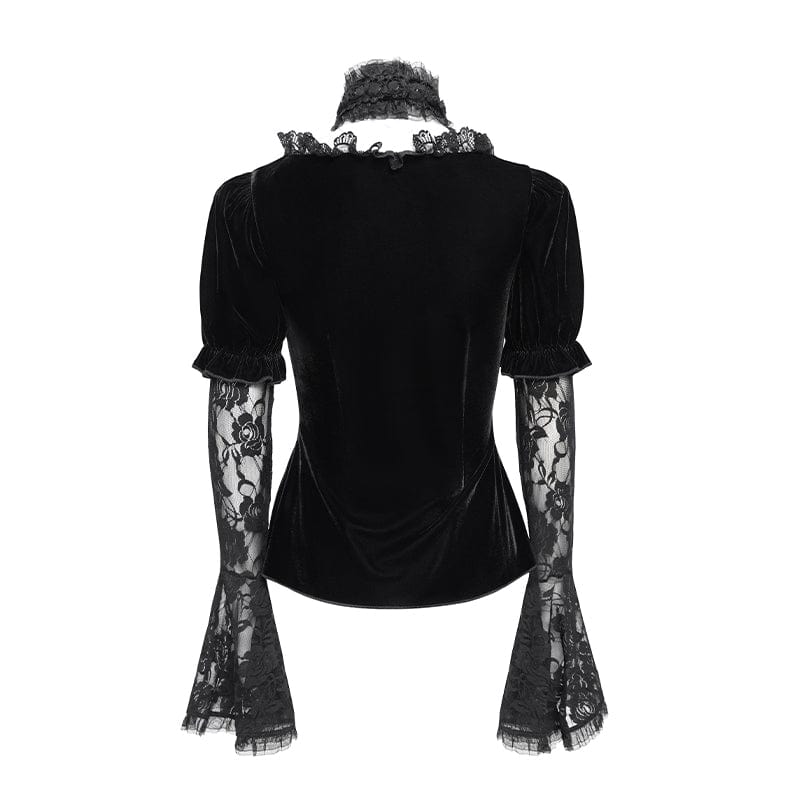 Women's Gothic Mesh Puff Long Sleeved Velvet Shirt Black - Image 9
