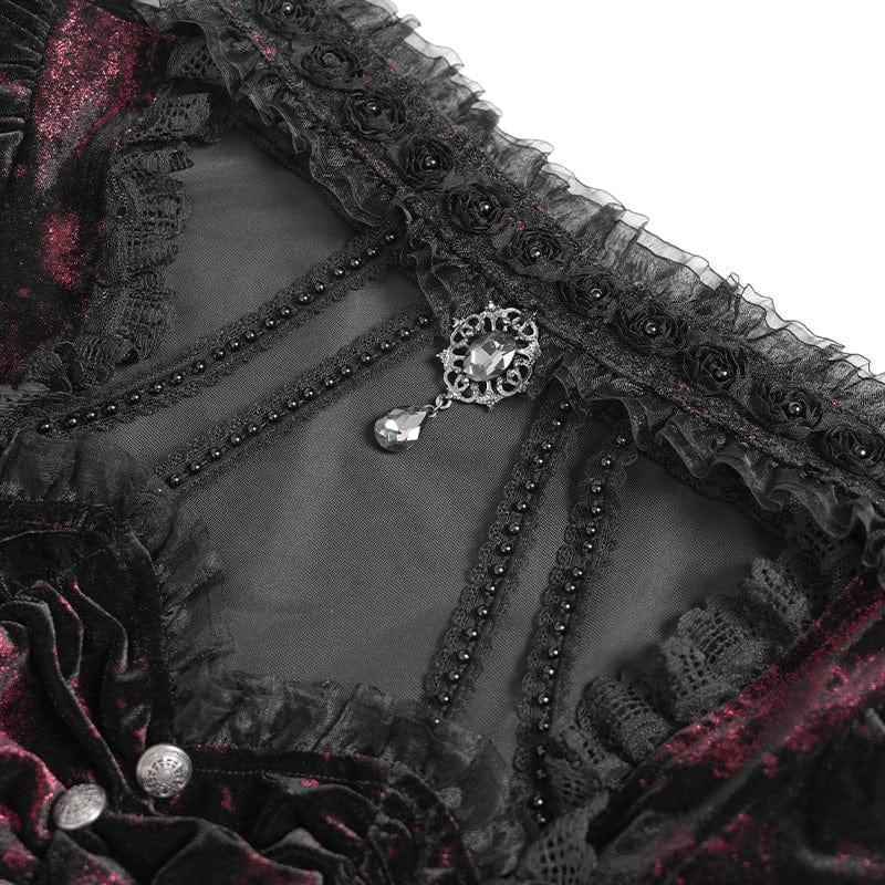 Women's Gothic Mesh Puff Long Sleeved Velvet Shirt Red - Image 11