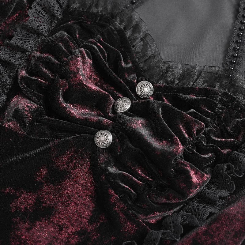 Women's Gothic Mesh Puff Long Sleeved Velvet Shirt Red - Image 12