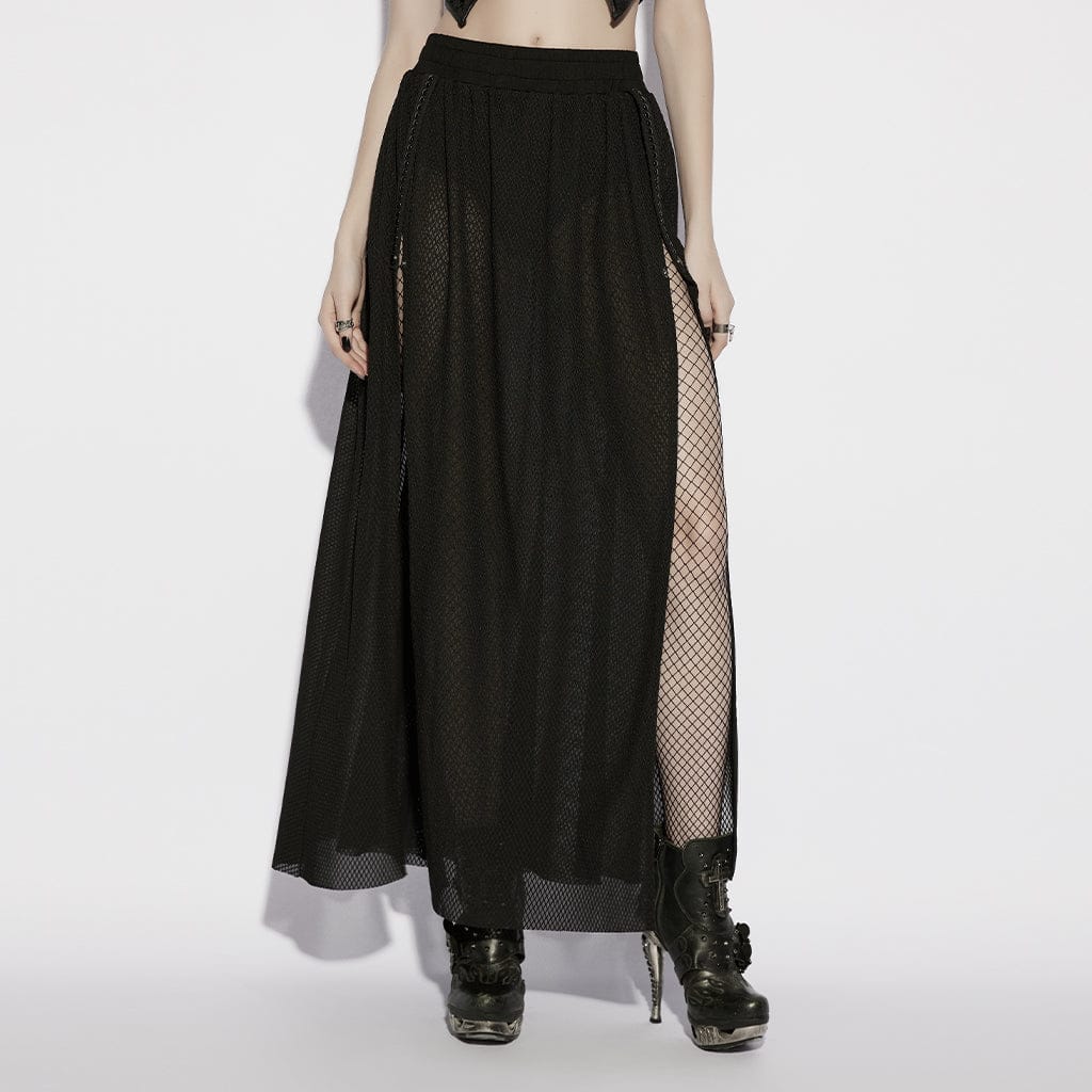 Women's Gothic Mesh Sheer Side Slit Long Skirt