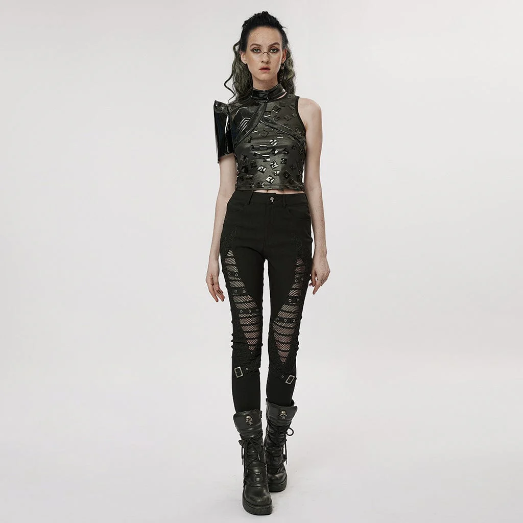 Women's Gothic Mesh Splice Buckle Leggings - Image 4