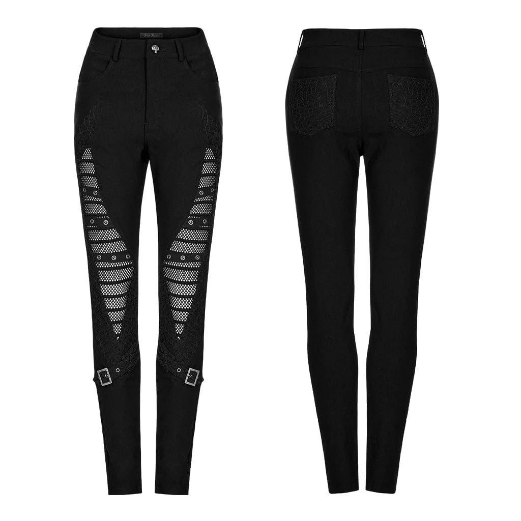 Women's Gothic Mesh Splice Buckle Leggings - Image 5