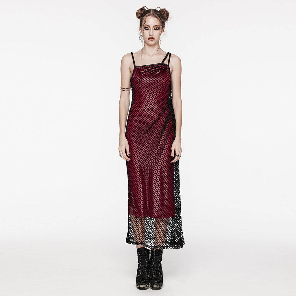 Women's Gothic Mesh Splice Drawstring Slip Dress Red - Image 2