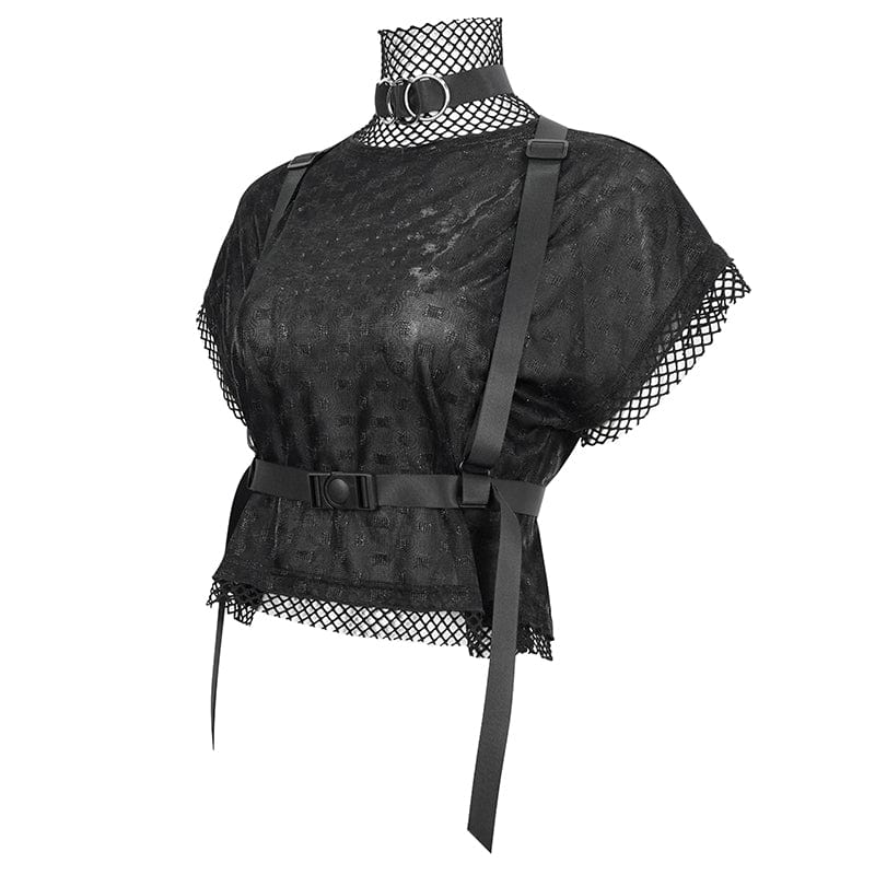 Women's Gothic Mesh Splice Shirt with Buckle Strap - Image 2