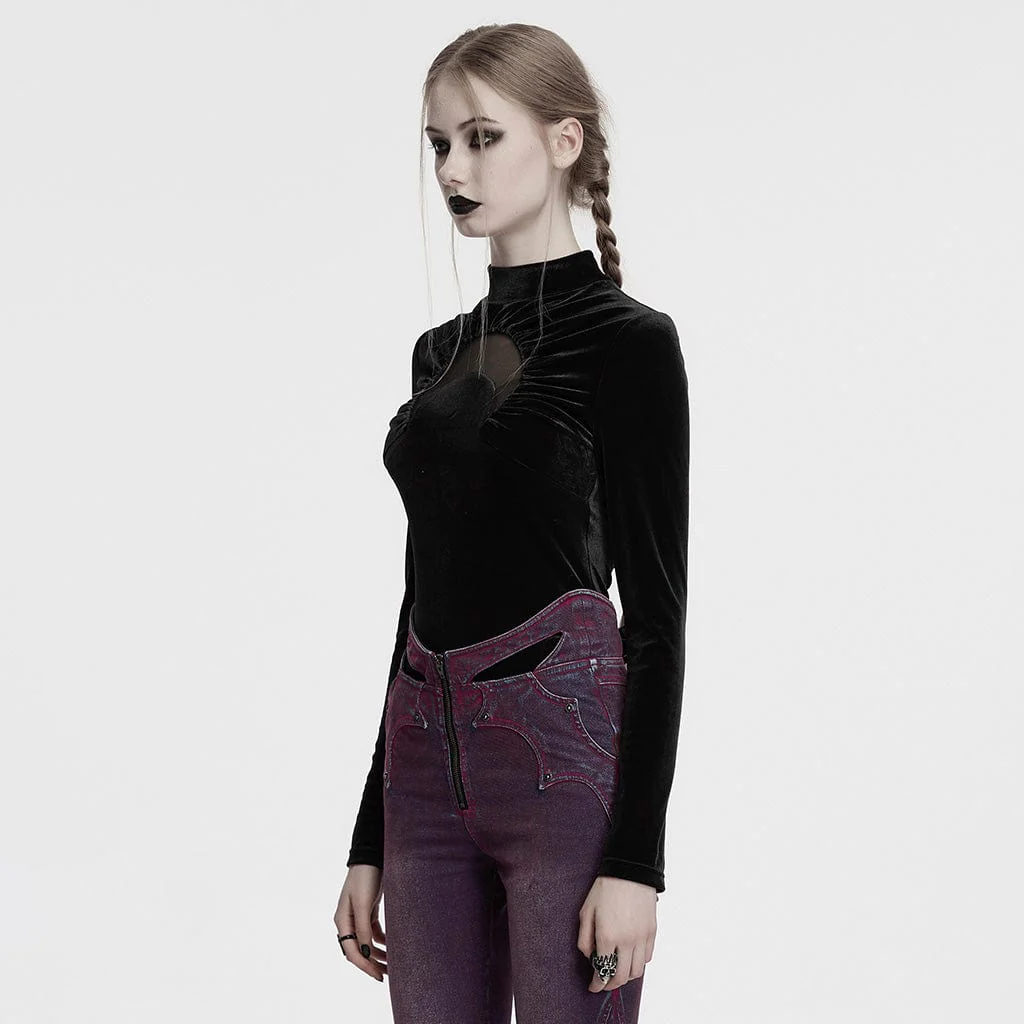 Women's Gothic Moon Cutout Mesh Splice Velvet Shirt - Image 2
