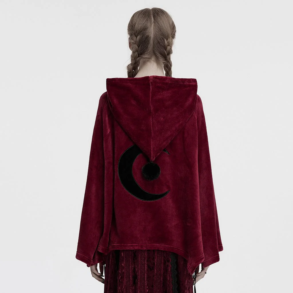 Women's Gothic Moon Embroidered Velvet Hooded Coat Red - Image 3