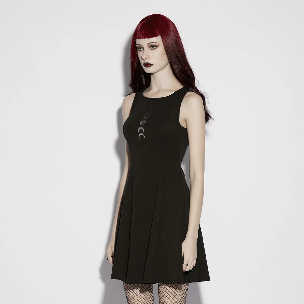 Women's Gothic Moon Phase Printed Sleeveless Dress Graduation Dress - Image 2