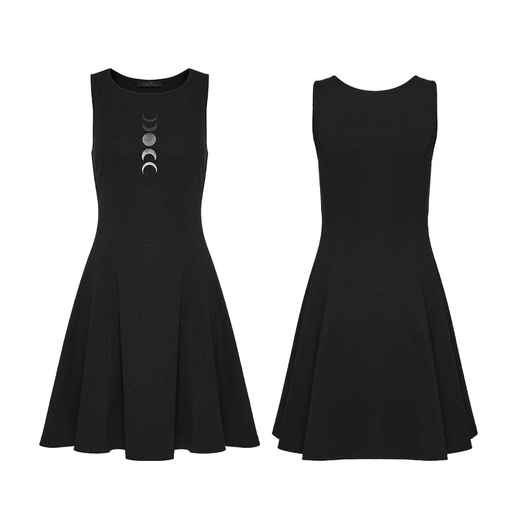 Women's Gothic Moon Phase Printed Sleeveless Dress Graduation Dress - Image 5