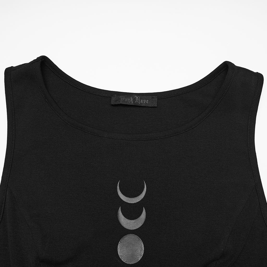 Women's Gothic Moon Phase Printed Sleeveless Dress Graduation Dress - Image 6