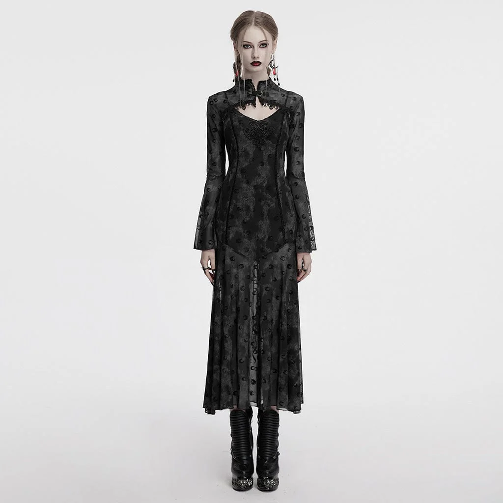 Women's Gothic Moon Printed Mesh Slip Dress with Cape Grey