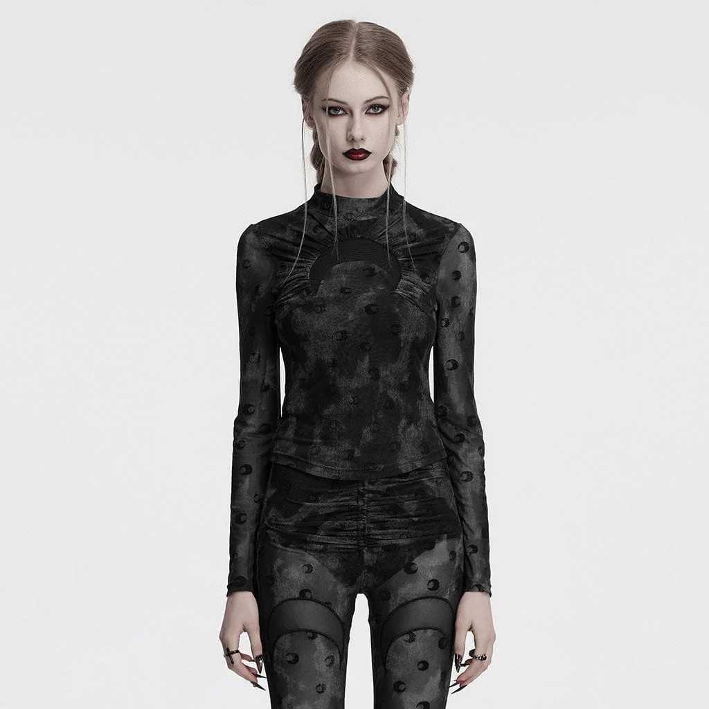 Women's Gothic Moon Printed Ruched Mesh Shirt Grey