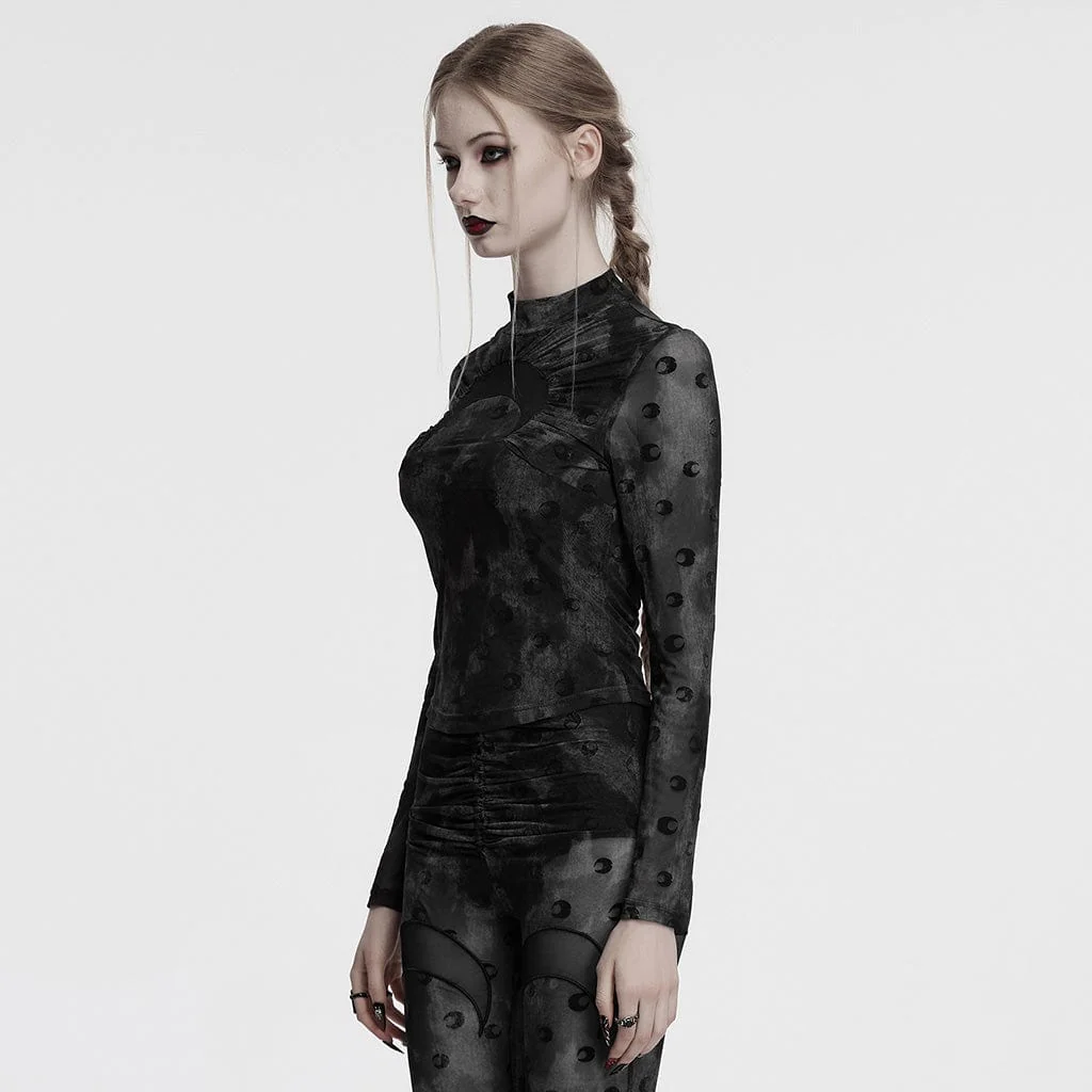 Women's Gothic Moon Printed Ruched Mesh Shirt Grey - Image 2