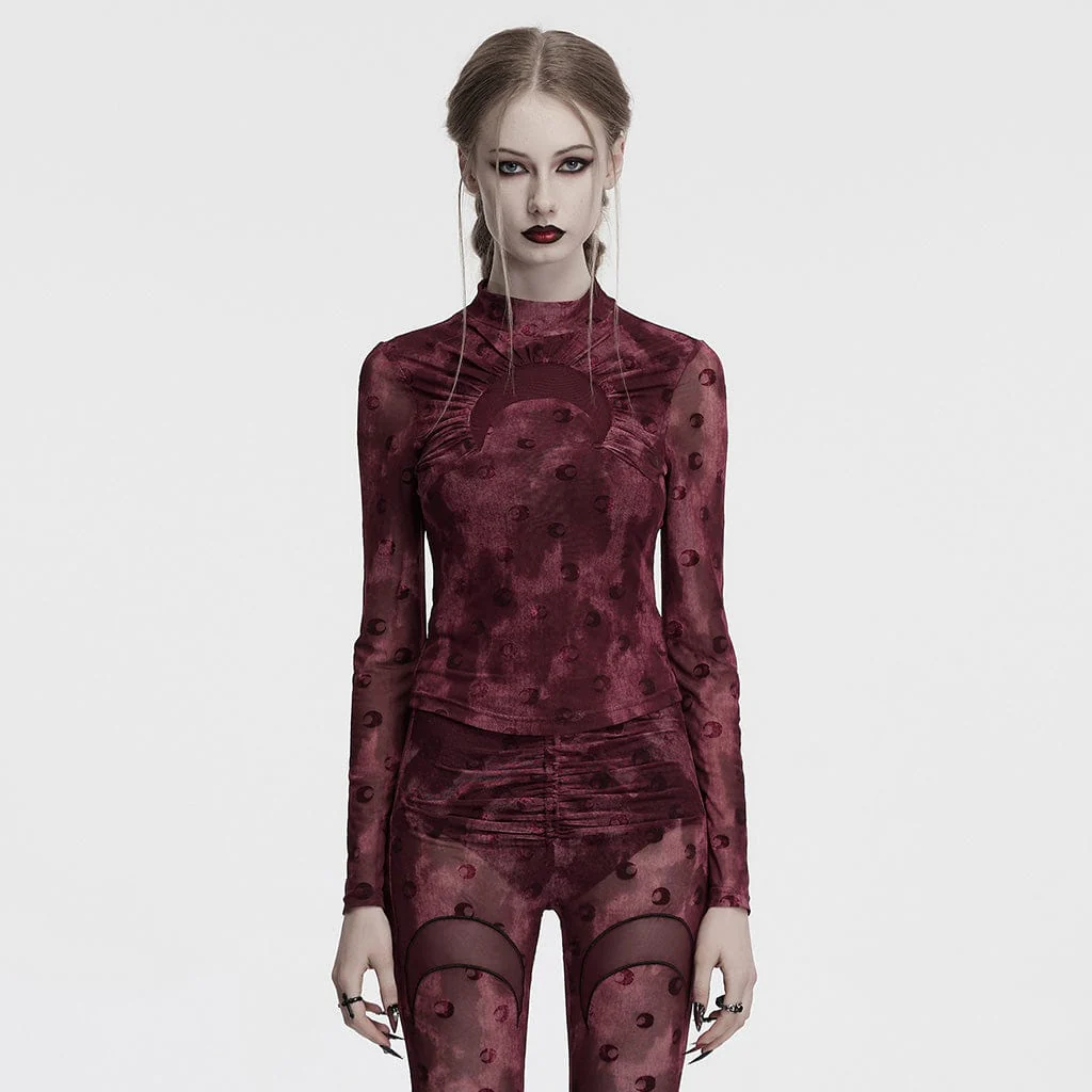 Women's Gothic Moon Printed Ruched Mesh Shirt Red