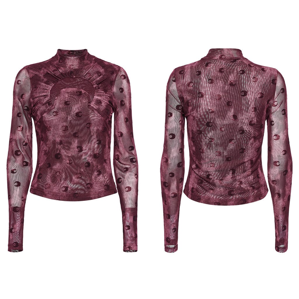 Women's Gothic Moon Printed Ruched Mesh Shirt Red - Image 5