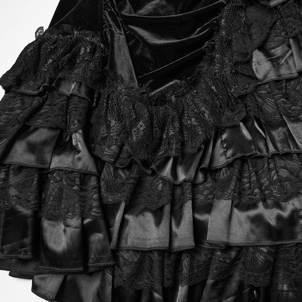 Women's Gothic Multilayer Hem Ruched Skirt Black - Image 7