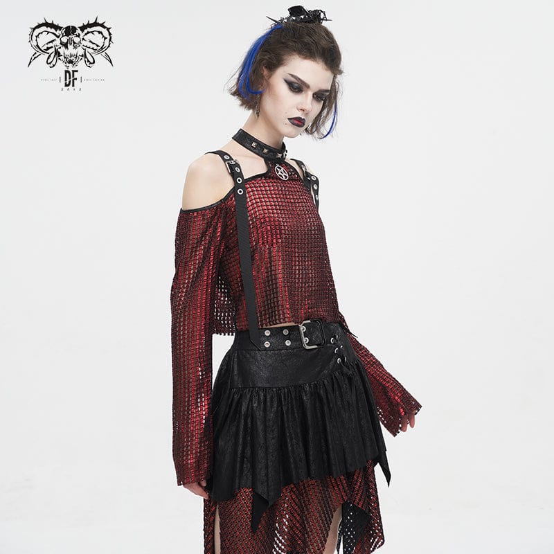 Women's Gothic Off Shoulder Buckle Sheer Crop Top Red - Image 3