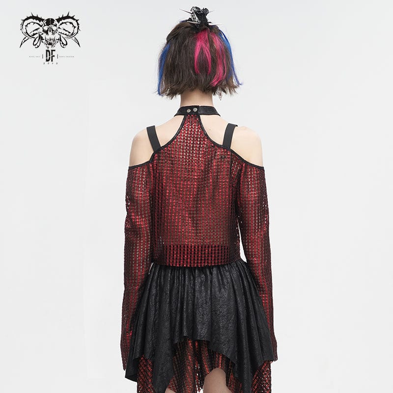 Women's Gothic Off Shoulder Buckle Sheer Crop Top Red - Image 5