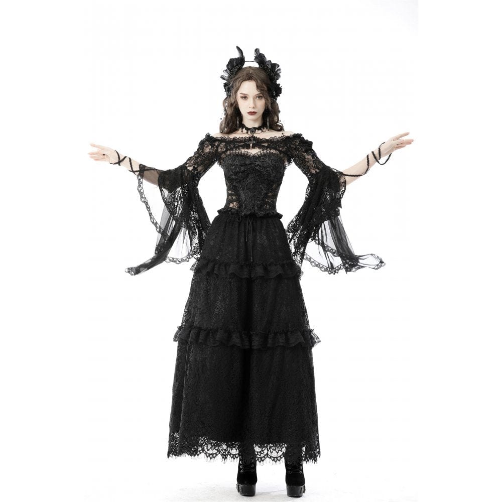 Women's Gothic Off Shoulder Flare Sleeved Floral Mesh Cape - Image 5