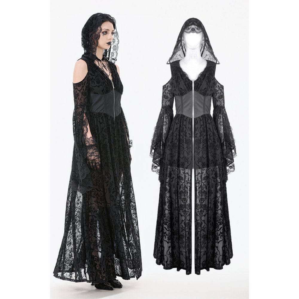 Women's Gothic Off-shoulder Flare Sleeved Hooded Maxi Dress Black
