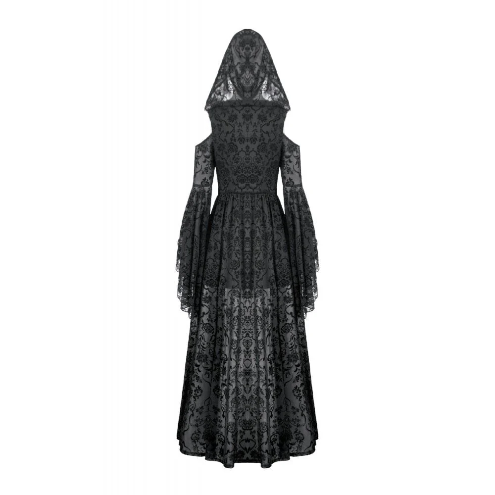 Women's Gothic Off-shoulder Flare Sleeved Hooded Maxi Dress Black - Image 12