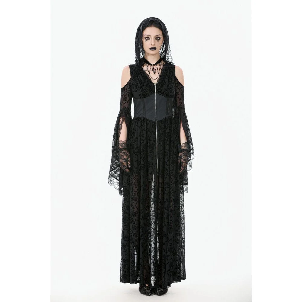 Women's Gothic Off-shoulder Flare Sleeved Hooded Maxi Dress Black - Image 2