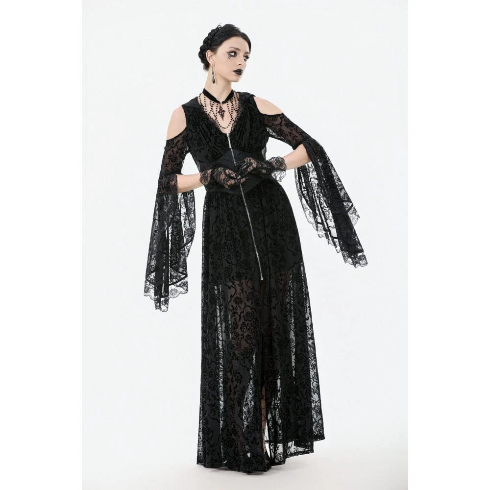 Women's Gothic Off-shoulder Flare Sleeved Hooded Maxi Dress Black - Image 4