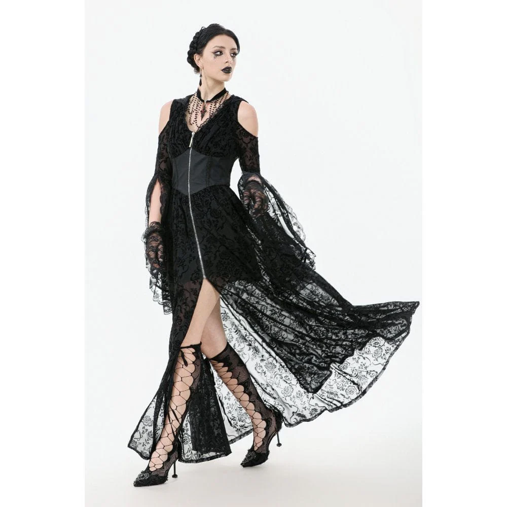 Women's Gothic Off-shoulder Flare Sleeved Hooded Maxi Dress Black - Image 7