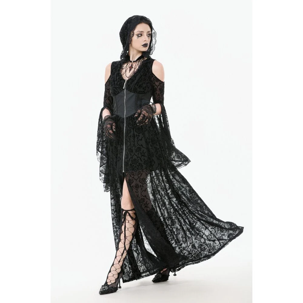 Women's Gothic Off-shoulder Flare Sleeved Hooded Maxi Dress Black - Image 8