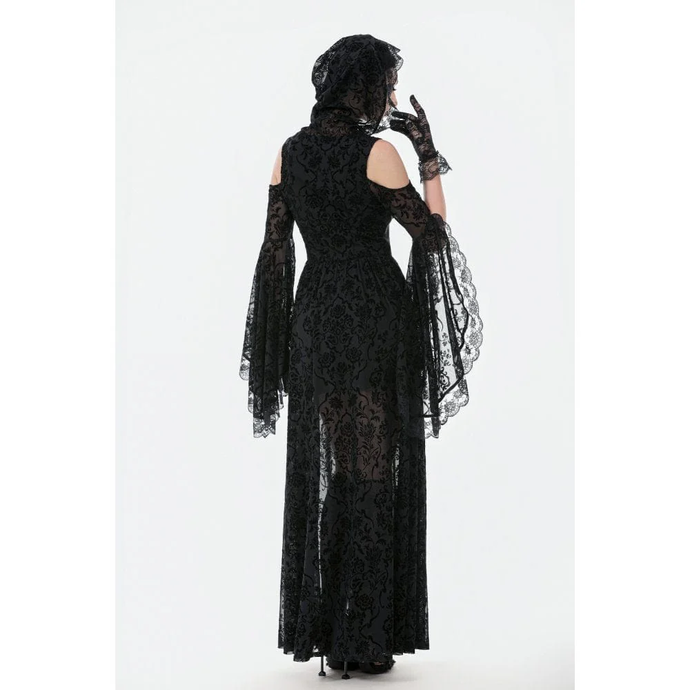 Women's Gothic Off-shoulder Flare Sleeved Hooded Maxi Dress Black - Image 9