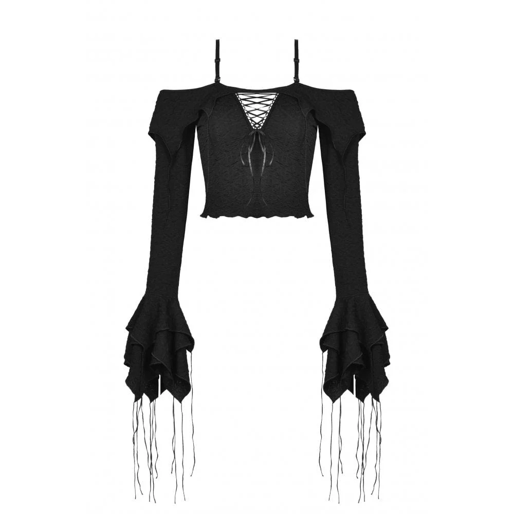 Women's Gothic Off Shoulder Flared Sleeved Crop Top - Image 7