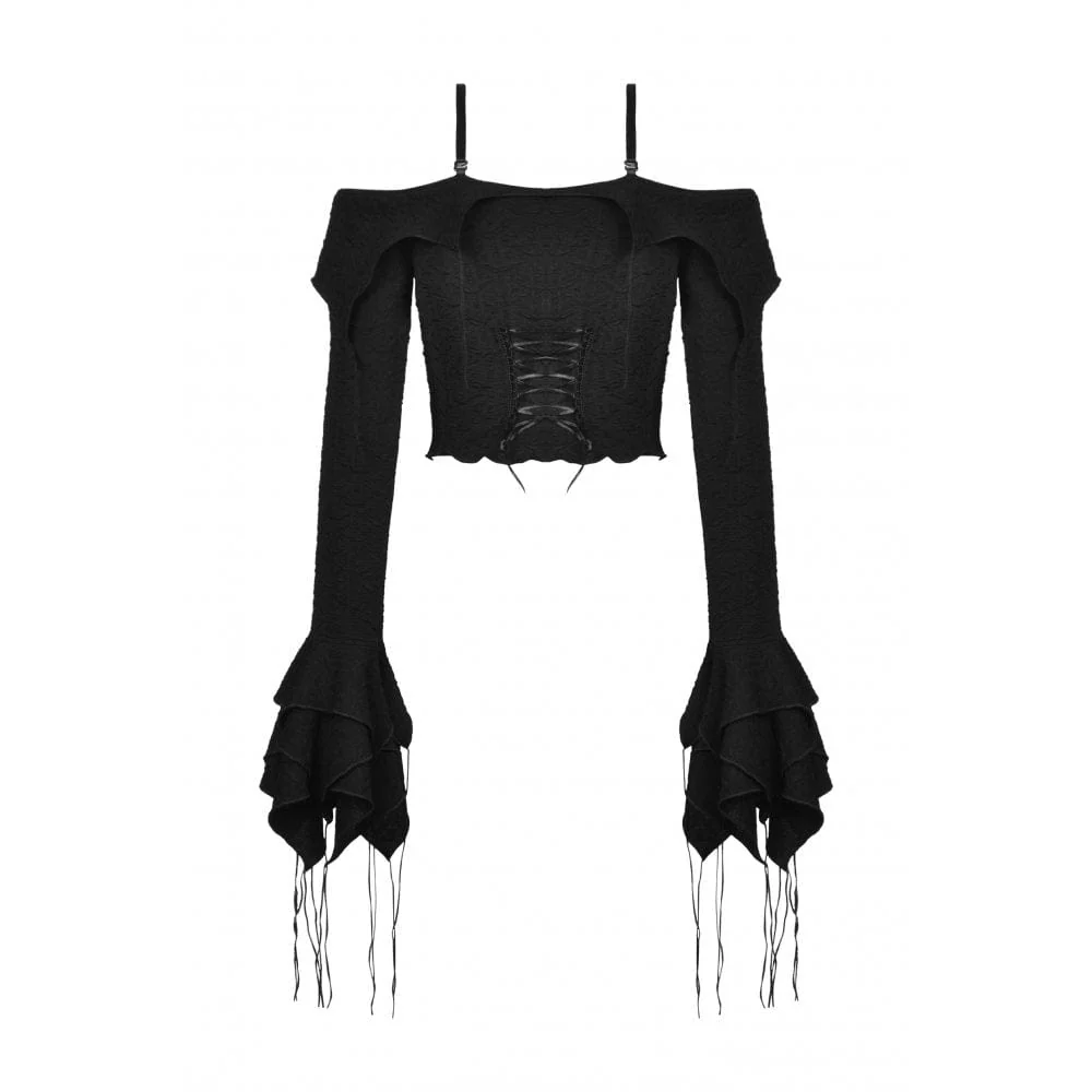 Women's Gothic Off Shoulder Flared Sleeved Crop Top - Image 8