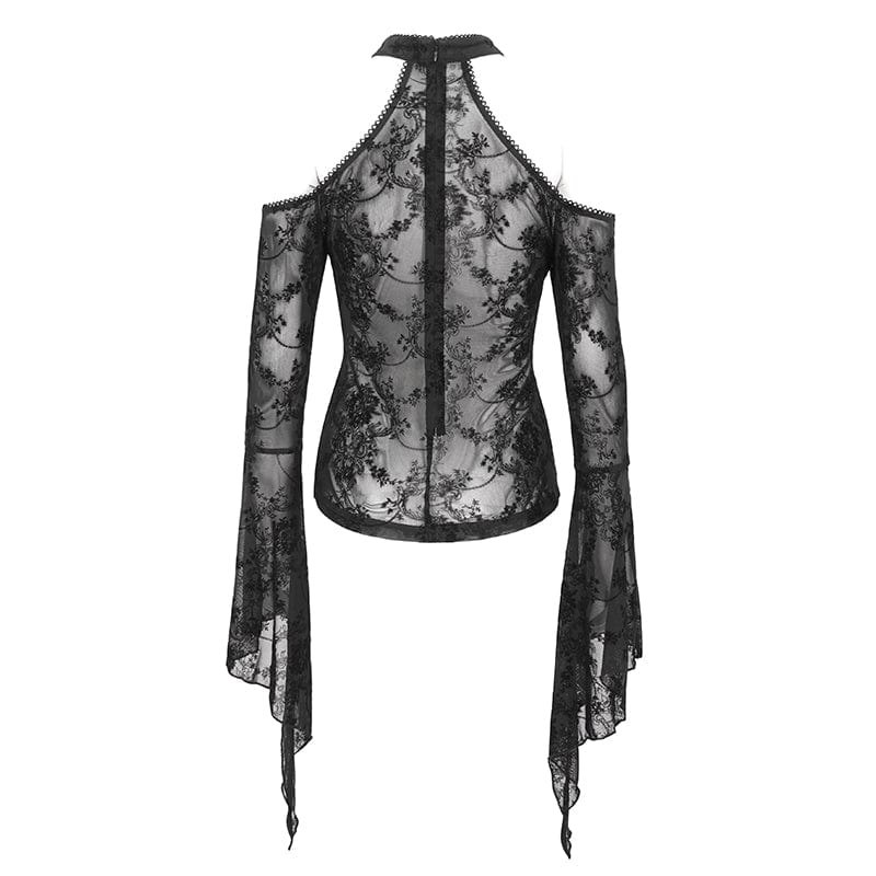 Women's Gothic Off Shoulder Flared Sleeved Mesh Shirt - Image 9