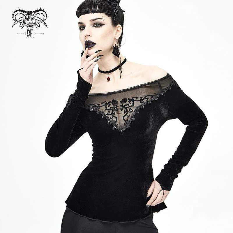 Women's Gothic Off Shoulder Floral Embroidered Black Top - Image 2
