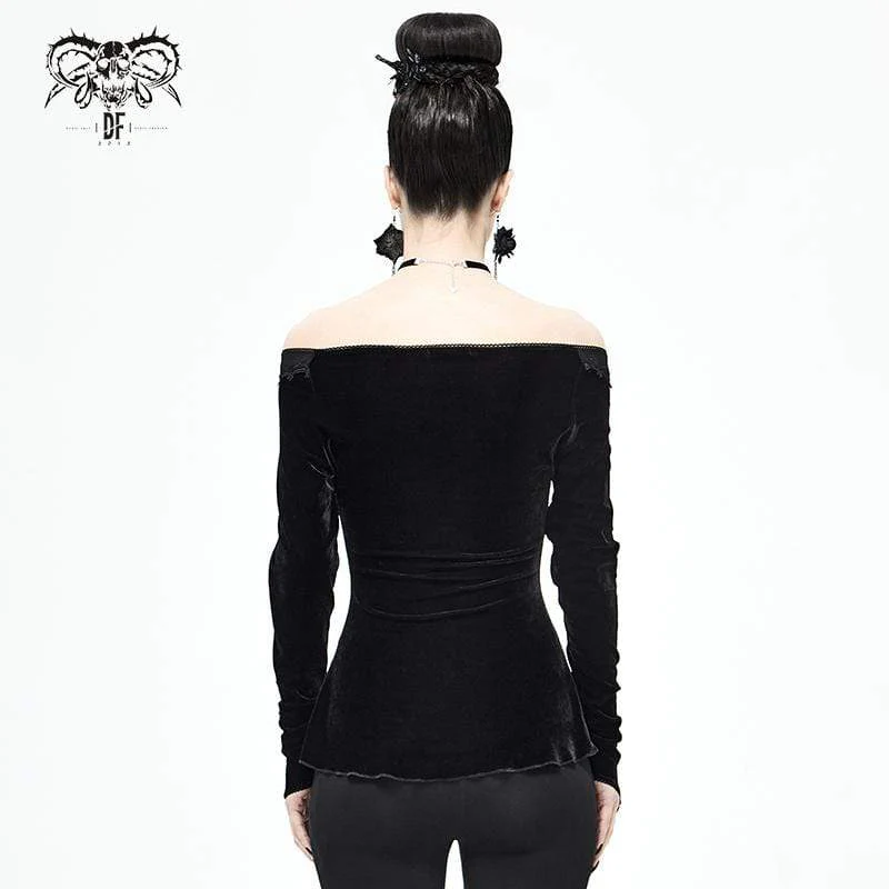 Women's Gothic Off Shoulder Floral Embroidered Black Top - Image 4