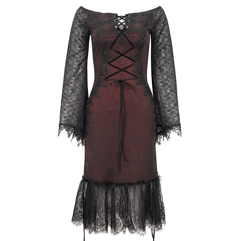 Women's Gothic Off Shoulder Lace Splice Dress - Image 6